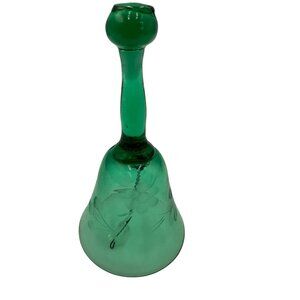 Vintage Green Glass Hand Bell With Etched Floral Pattern & Abstract Design